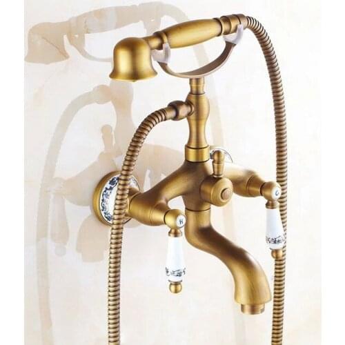 Antique Brass Wall Mounted Bathroom Tub Faucet Dual Ceramics Handles Telephone Style Hand Shower Clawfoot Tub Filler atf311