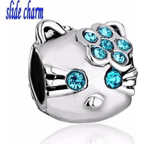 Slide charm Free shipping Children Animals cat jewelry crystal blue eyes DIY charm beads fit Pandora bracelet