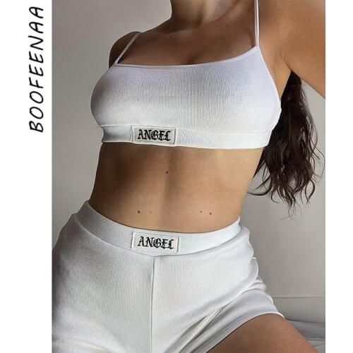 BOOFEENAA Embroidery Label Ribbed 2 Piece Set Women Short Outfits Sexy Tracksuits Athleisure Bodycon Two Piece Sets C66-BH18