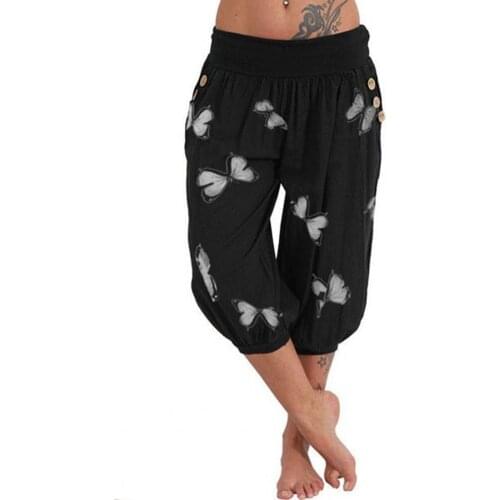 Womens Capri Pants Fashion Butterfly Printed Harem Summer Buttons Pant for Streetwear Hip-hop Retro Loose Trousers Plus Size