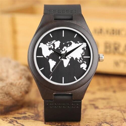 Fashion Men Wooden Watches Black Creative World Map Dial Black Leather Analog Quartz Sandalwood Wristwatches Wood Clock Relojes