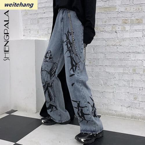 Weitehang New Summer Fashion Ins Street Hip-hop Printing Wash Jeans Loose Casual Denim Wide Leg Pants Tide Woman 124