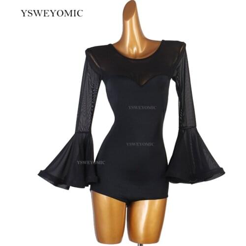 Elegant Trumpet Chiffon Sleeves Modern Latin Dance one-piece Wave point Bodysuit Sexy Standard Waltz Ballroom Dance tops Women