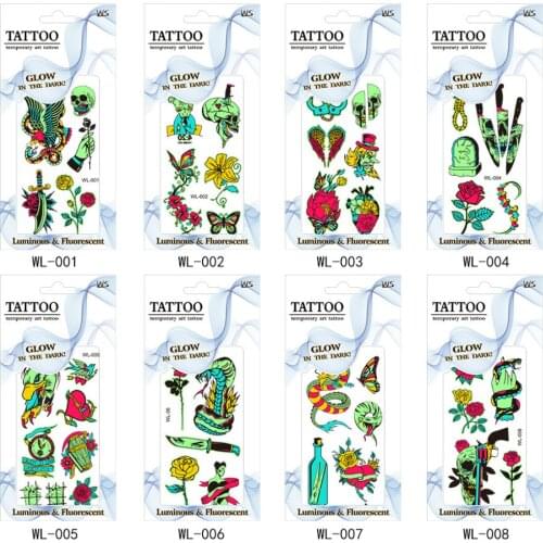 Big Arm Florescence Night Temporary Tattoo Luminous Body Tattoo Cartoon Fluorescent Luminous Waterproof Tattoo Stickers 500pcs