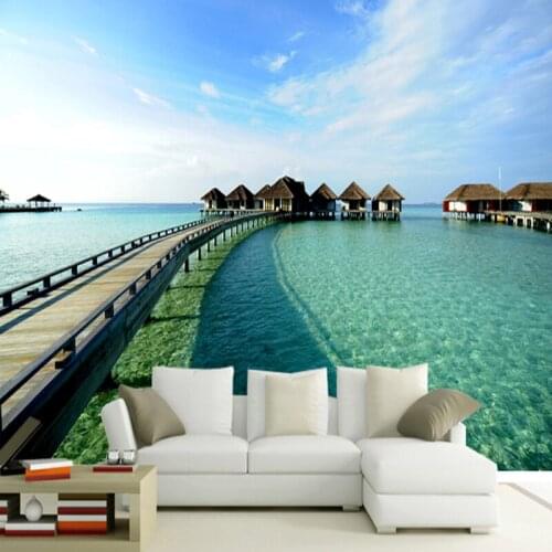 Living room sofa background wall mural bedroom bedside Mediterranean Maldives 3D three-dimensional landscape large wallpaper