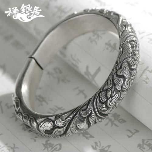 Fine silver hand horseshoe smooth generous three-dimensional national wind restoring ancient ways peony silver bracelet