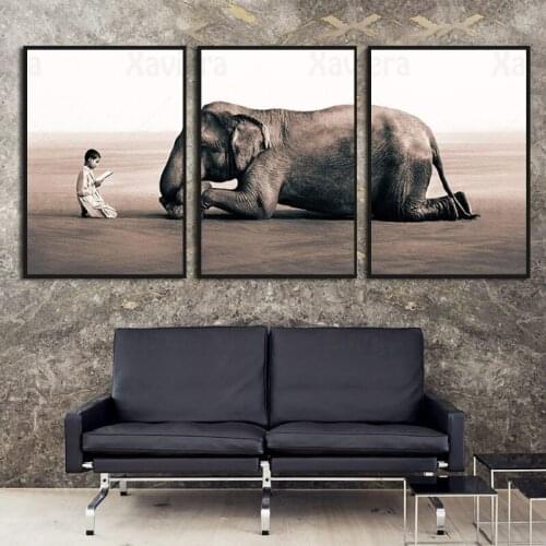 Three-Piece Religious Canvas Painting Elephant Child Kneeling and Worship Print Picture Home Decoration Living Room Art Poster