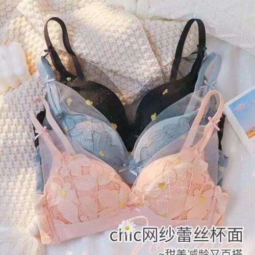 Japanese fresh cute lace underwear steelless ring gathered small breast adjustment pair milk girl bra set Sweet Middle waist BRA