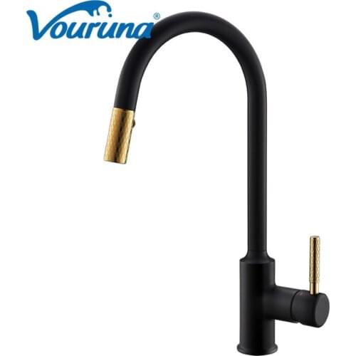 Vouruna Brushed Golden&Black Pullout Kitchen Faucet Swivel Sink Mixer Tap Solid Brass Construction
