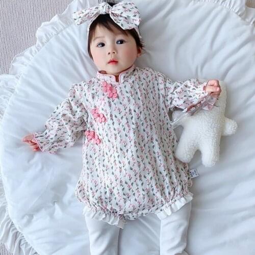 Cute Little Floral Baby Girl Pajama Romper Chinese Style Baby Girl Romper Handicap Lotus Lace Baby Girl One Piece Jumpsuit