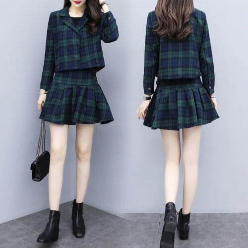 MUMUZI short plaid suit jacket female British wind short plaid blazers suit pleated skirt suit women outfits