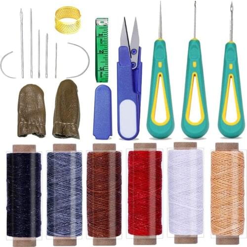 MIUSIE 21 PCS Leather Sewing Kit With Wax Threads Rubber Handle Sewing Awl And Leather Repair Needle For Leather Craft Work