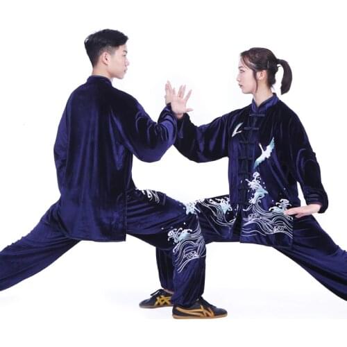 Autumn Winter Tai Chi Clothing Velvet Kung Fu Uniform Martial Arts Suit Crane Embroidery Thick Velour Wing Chun Clothing FF2244