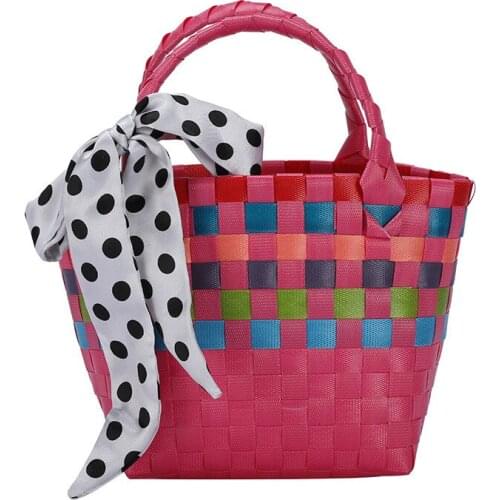 Korean Style Woven Vegetable Basket Female Bag With Silk Scarf Women Summer Fashion Small Mini Plaid Handbag
