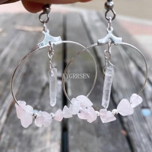 New Bohemia Rose Quartz and Clear Crystal Hoop Earrings Stars Dangle Witch Jewelry Healing Halloween Fashion Jewelry Women Gift