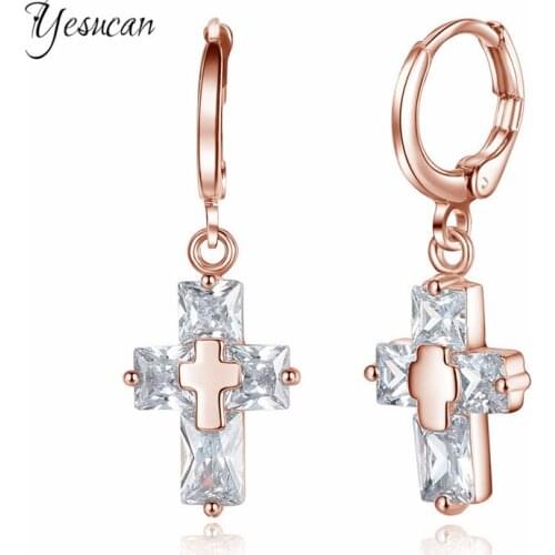 Yesucan Male Cross Cross Earrings CZ Rose Gold Earring Rhinestone Cubic Zirconia Dangle Earrings Fashion Engagement Studs Man