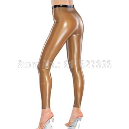 Unique design 100% Latex Leggings Transparent Brown with Black Trim Sexy Rubber Women High Waist Trousers Sexy pants w/o Zipper