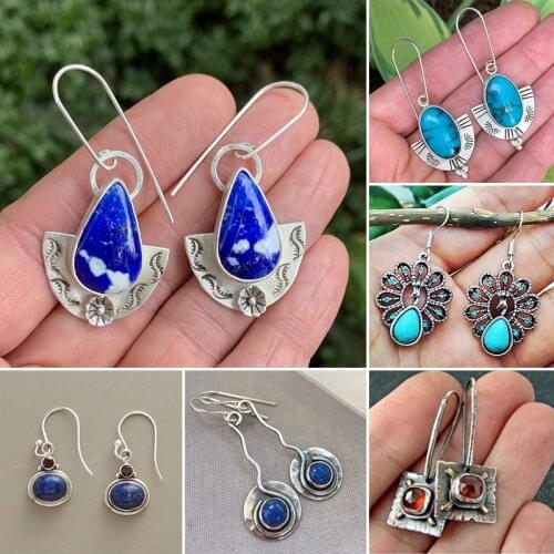 Vintage Bohemia Resin Turquoises Dangle Earrings for Women Beach Party Jewelry Accessories Ethnic Tribal Hook Earring Charm Gift