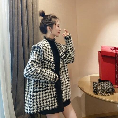 356 Autumn Women Plaid Sweater Cardigan Fashion Retro Navy Collar Pockets Korean Casual Female Office Knitted Coat High Quality