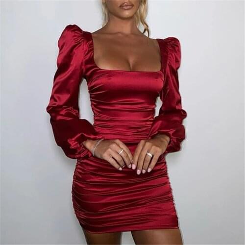 Aesthetic Satin Puff-Sleeve Ruched Dress Women Solid Square Collar Dresses Ladies Streetwear Backless Vestidos clothes vintage
