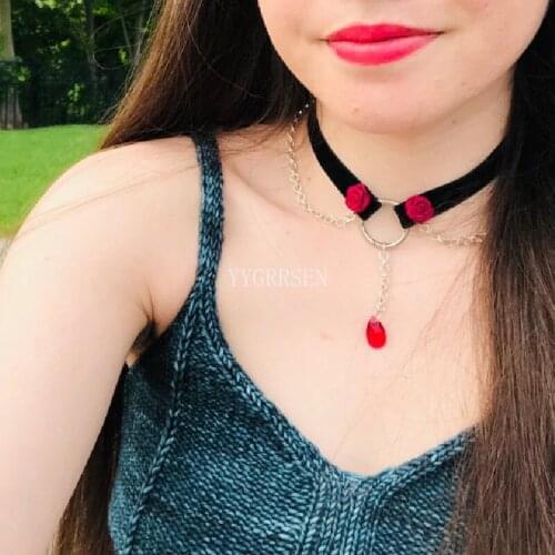 Goth Black Velvet O Ring Chain Droplet Choker Made with Handmade Charm Necklace Wedding Jewelry Gorgeous Women Gift Statement