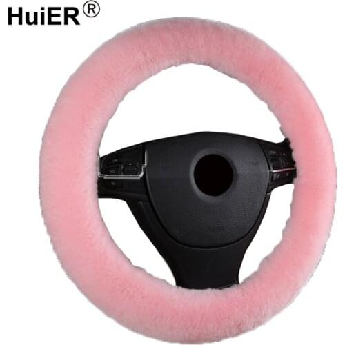 HuiER Winter Car Steering Wheel Cover 7 Color Pure Wool Sheepskin Warm Soft For 37-42CM/14.5"-16.5" Steering Wheel Steer Cover