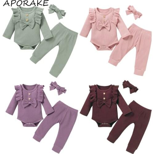 2021 0-24M Casual Infant Girl Clothing Ruffle Shoulder Bow Solid Color Long Sleeve Romper+Pants+Headbans Spring Autumn 3pcs Set