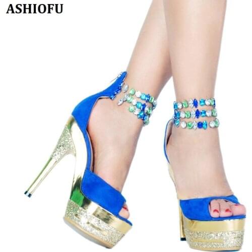 ASHIOFU Handmade Womens High Heel Platform Sandals Crystals Ankle Strap Sexy Party Prom Shoes Club Evening Fashion Sandals Shoes