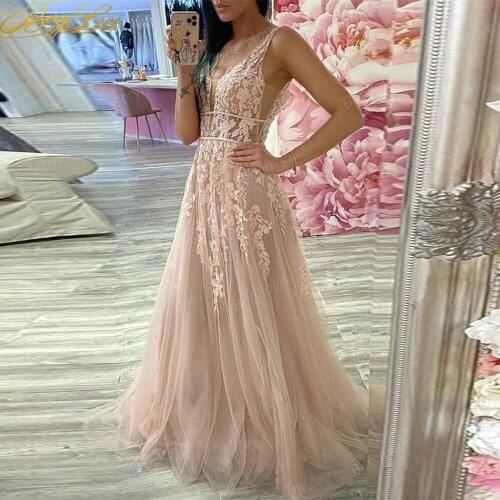 Berylove Sequin Pink Prom Dress A line Lace V neck Evening Dresses Long Sweep Floor Party Gown Applique High Waist vestidos Robe