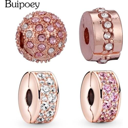 Buipoey New Rose Gold Crystal Ball Clip Beads Charm Fit Brands Snake Chain Bracelet Jewelry Accessory Beaded