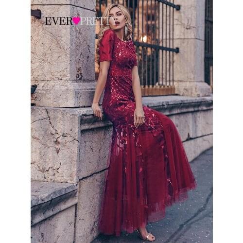 Burgundy Evening Dresses For Women Party Ever Pretty EP07886 Elegant O-Neck Mermaid Sequin Wedding Formal Gown Abendkleider 2021