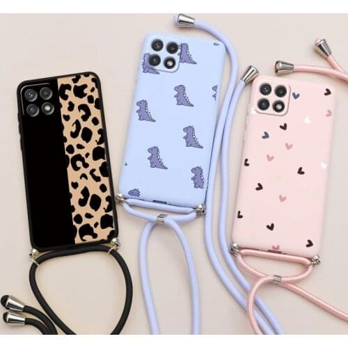 For Samsung Galaxy A22 Case 4G 5G Crossbody Necklace Strap Lanyard Cord Silicone Back Cover For Samsung A 22 A225F Flower Couqe