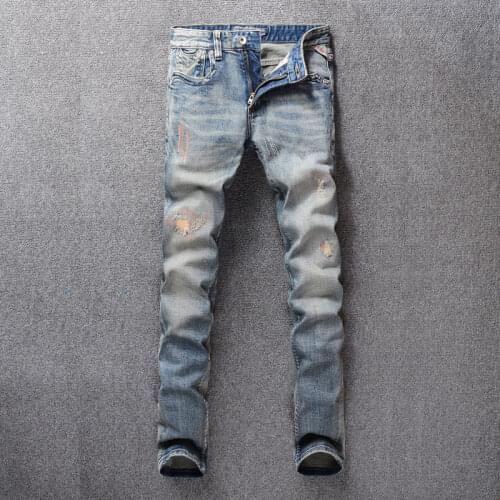 European Street Fashion Men Jeans Retro Blue Vintage Slim Fit Ripped Jeans Men Patch Embroidery Designer Casual Denim Punk Pants