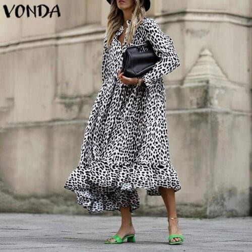 Elegant Office Ladies Dress VONDA Women Swing Leopard Midi Dress 2021 Winter Sundress Casual Loose Vestidos Oversized Sundress