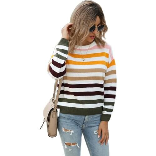 European and American fashion autumn knit sweater striped color-block pullover women