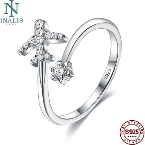INALIS Genuine 925 Sterling Silver Flying Plane Open Rings For Women Cubic Zirconia Adjustable Birthday Ring Gift Fine Jewelry