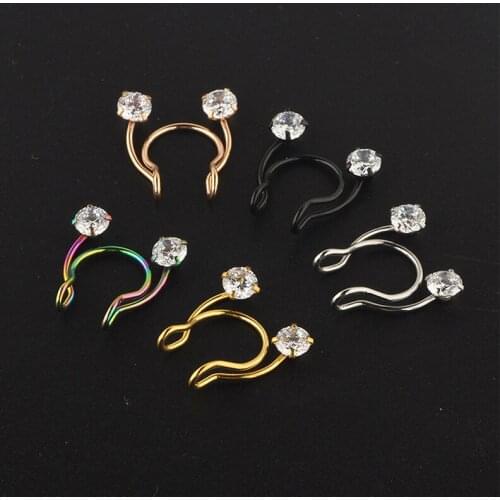 Fake Piercing Nose Septum Ring Stainless Steel Horseshoe CZ Zircon Nose Stud Hoop Clip Non Piercing Fake Nose Ring Body Jewelry