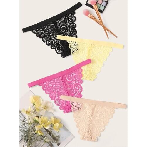 4PC womens underwear lace cutout sexy low-waist underwear solid color combination large size Panties нижнее белье женское 05