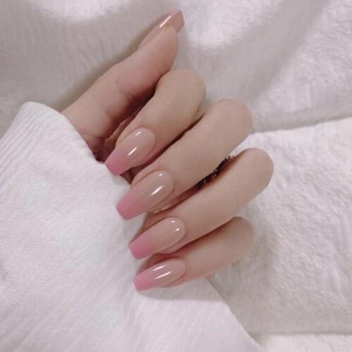 24pcs/Set Short Pink Gradient Fake Nails European Coffin Shaped Full Cover False Nails Ballerina Nail Decal Tips Press on Nails