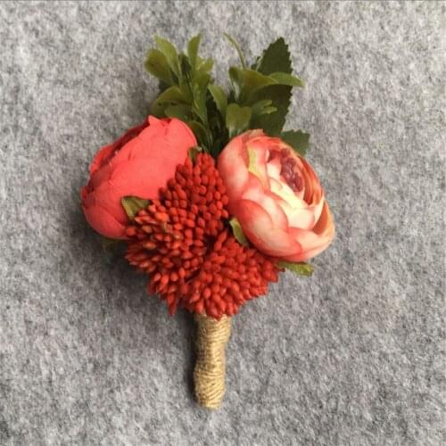 Red Groom Boutonniere Buttonhole Best Man Corsage Artificial Rose Wedding Flowers Accessories Prom Party Suit Decoration