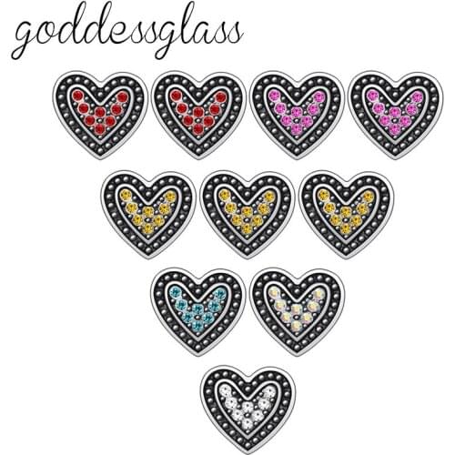 Beauty 10pcs mixed Heart Rhinestones 12mm snap buttons fit 12mm snap bracelet jewelry wholesale KZ9130