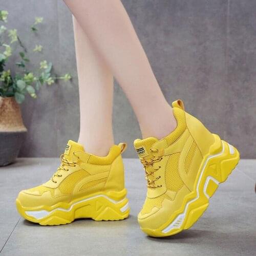 Hidden Heels Wedge Platform Sneakers Women Casual Lace Up Thick Bottom Walking Shoes Woman Non Slip Yellow Sneakers Mujer
