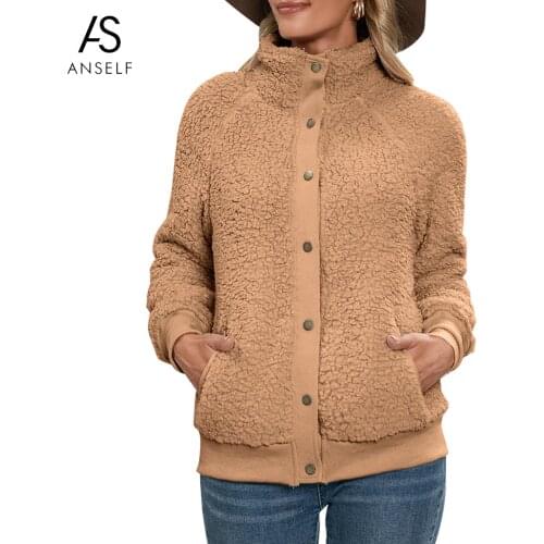 ANSELF Autumn Winter 2021 Womens Sherpa Bomber Jackets Turndown Collar Fleece Coat Parkas Ladies Casual Jacket Outwear Female