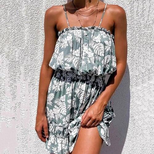 Summer Sexy Floral Printed Elastic Waist Mini Dress Off Shoulder Sleeveless Loose Hem Off Shoulder Beach Dress for Beach Daily