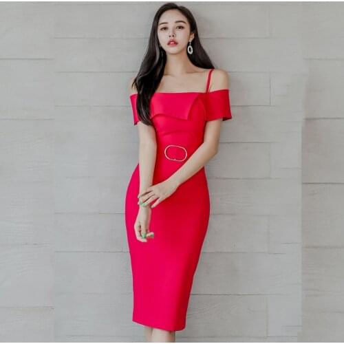 Fashion slim solid off shoulder backless formal dress new arrival work style high quality elegant Spaghetti Strap pencil dress