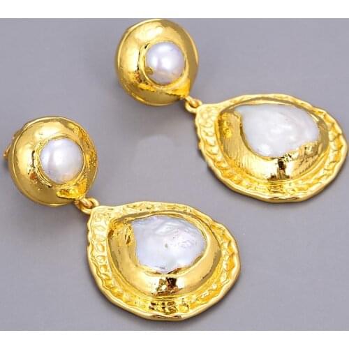 Natural White Coin Pearl Gold Plated Stud Earrings