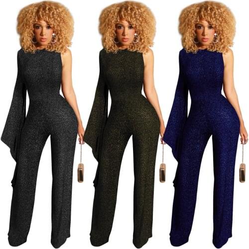 VAZN 2020 New Elegant Slash neck Rompers Womens Jumpsuit Sexy Fashion Full Sleeve Shinny Solid Jumpsuits