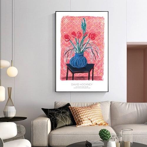 Modern Hand Printed Canvas Painting Pink Wall Red Bloom Desk Flowers Wall Posters Picture for Living Room Bedroom Decoration