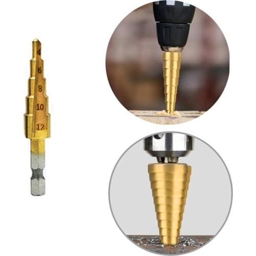 1pc 4-12mm Hexagonal Shank Drill Bit Step Drill Multifunctional HSS Straight Groove Titanium Coated Wood Metal Hole Opener Drill