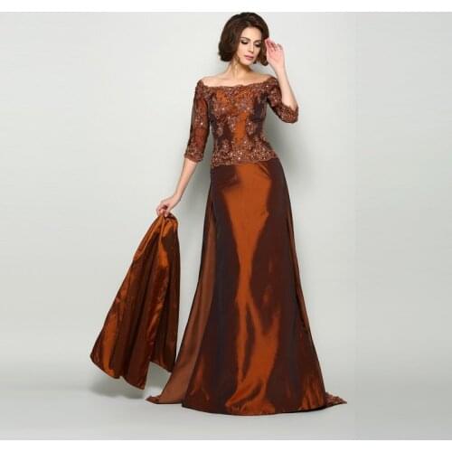 Gorgeous Brown Taffeta Boat Neck Mother of the Bride Dresses With Shawl Lace Applique Beads Wedding Guest Dress 3/4 Sleeves